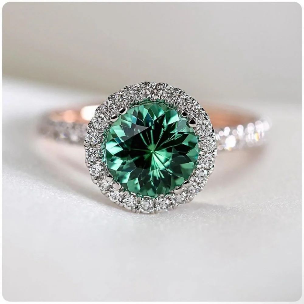 NEW 925 Sterling Silver Round Emerald Halo Ring - Picture 3 of 4